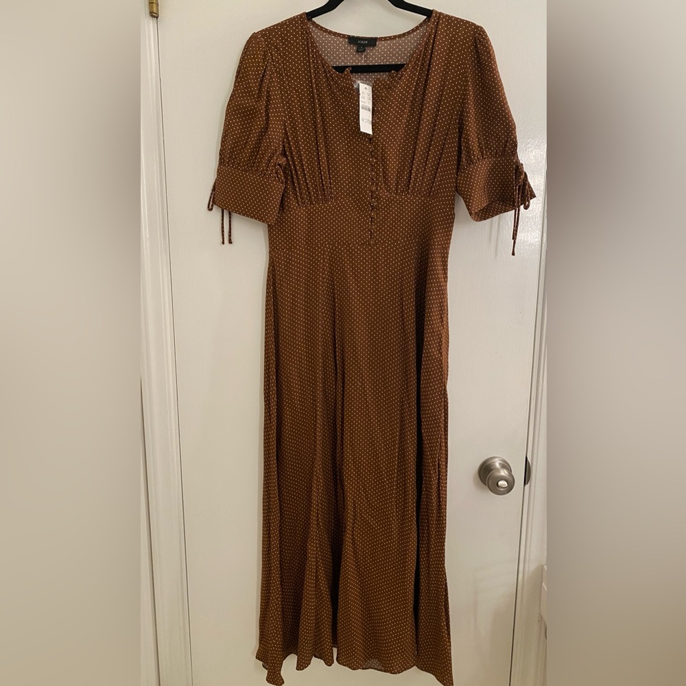 J. Crew Brown Polka Dot Midi Dress